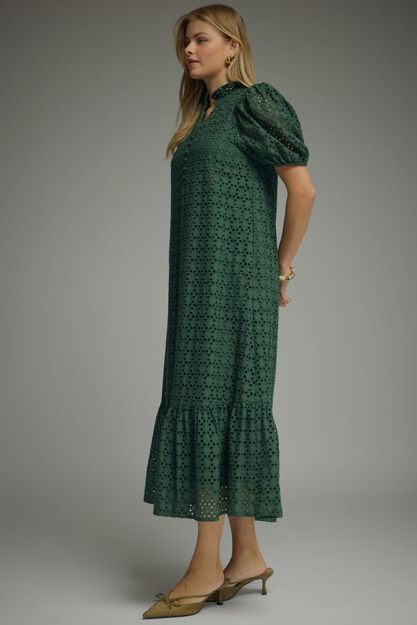 Eyelet Short Puff Sleeve Dress- H. Green