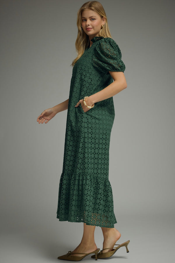 Eyelet Short Puff Sleeve Dress- H. Green