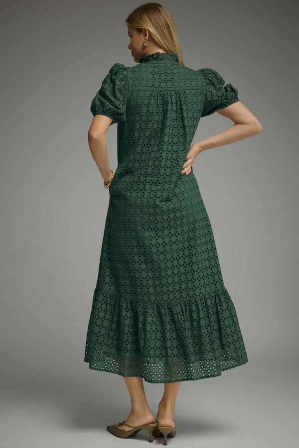 Eyelet Short Puff Sleeve Dress- H. Green