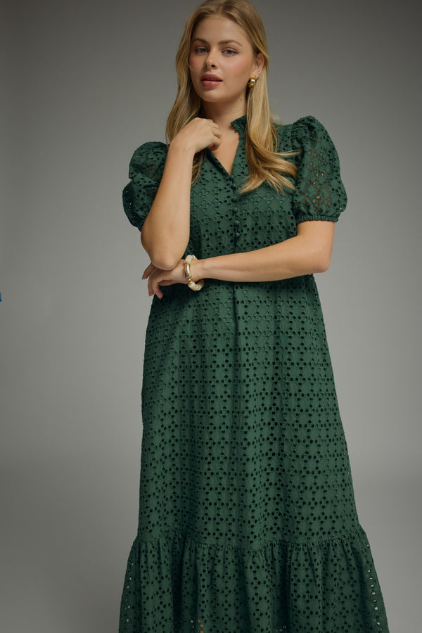 Eyelet Short Puff Sleeve Dress- H. Green