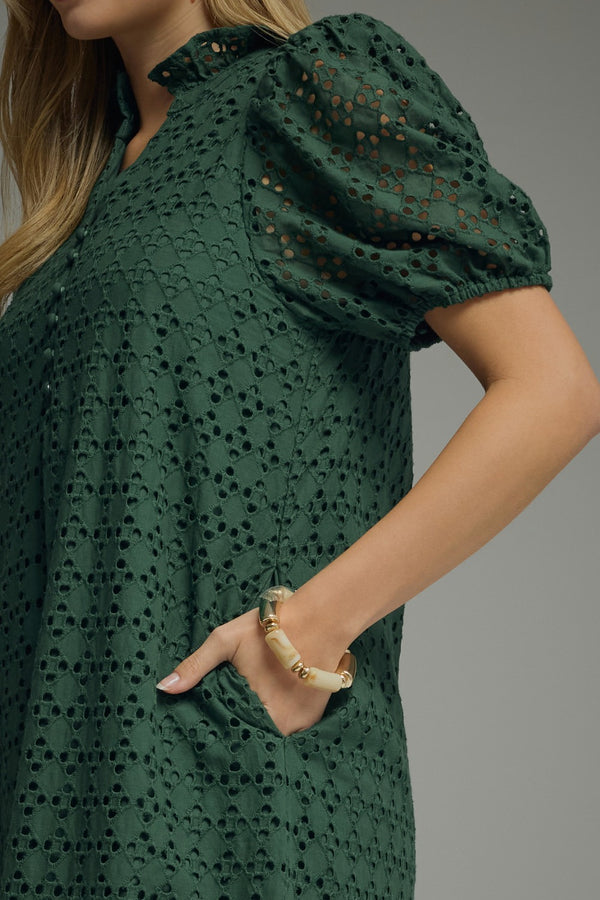 Eyelet Short Puff Sleeve Dress- H. Green
