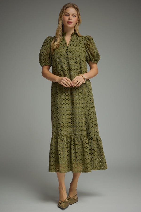 Eyelet Short Puff Sleeve Dress- Olive
