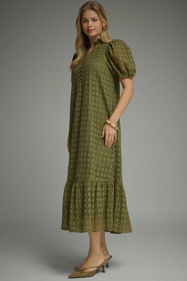 Eyelet Short Puff Sleeve Dress- Olive