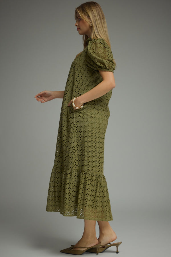 Eyelet Short Puff Sleeve Dress- Olive