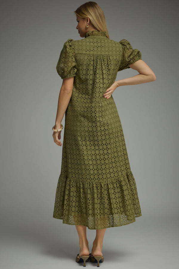 Eyelet Short Puff Sleeve Dress- Olive