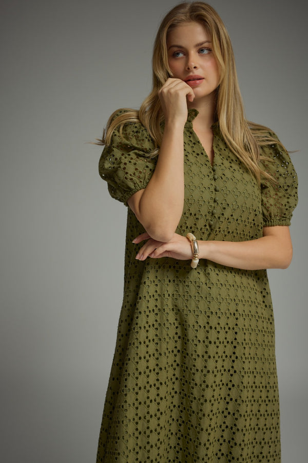 Eyelet Short Puff Sleeve Dress- Olive