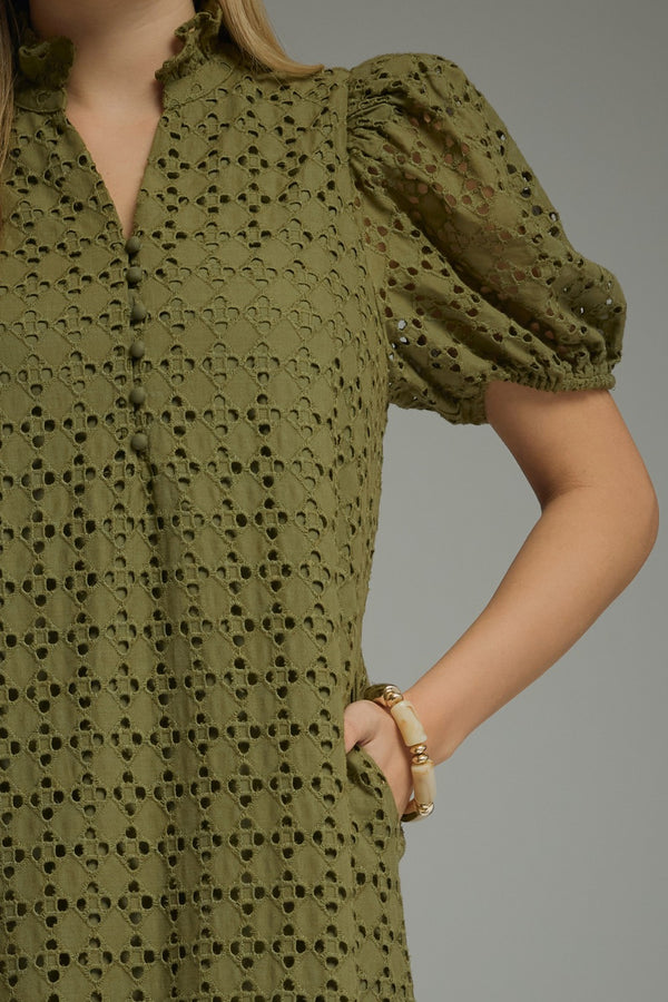 Eyelet Short Puff Sleeve Dress- Olive