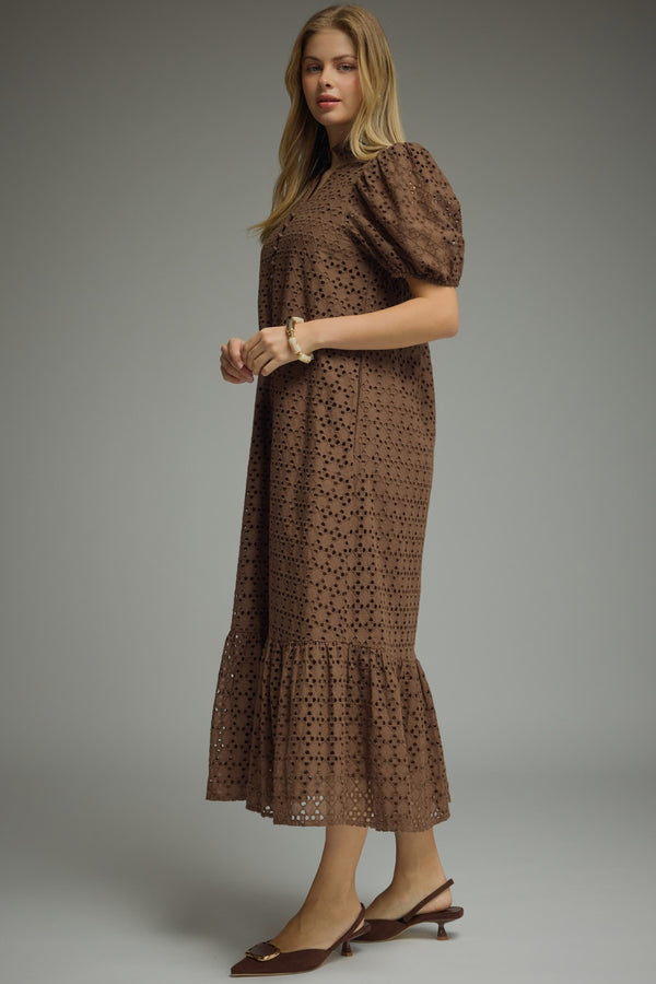 Eyelet Short Puff Sleeve Dress- Brown