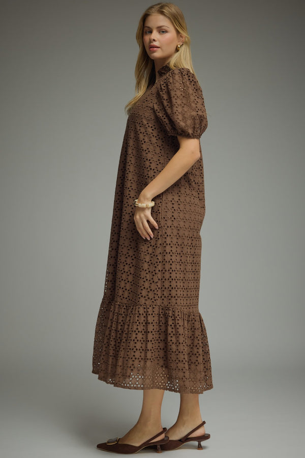 Eyelet Short Puff Sleeve Dress- Brown