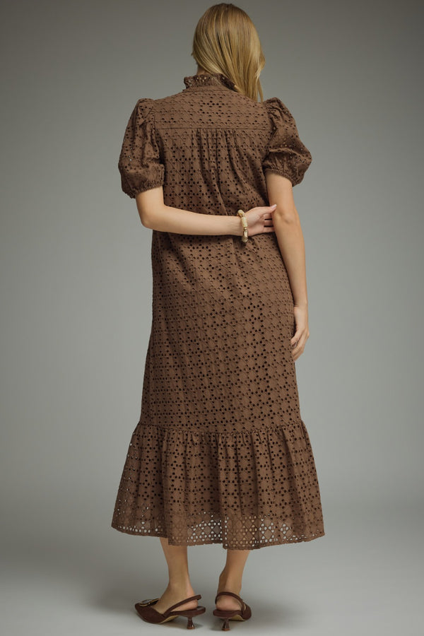 Eyelet Short Puff Sleeve Dress- Brown