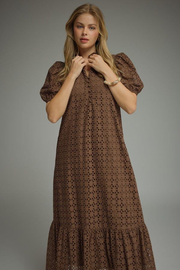 Eyelet Short Puff Sleeve Dress- Brown