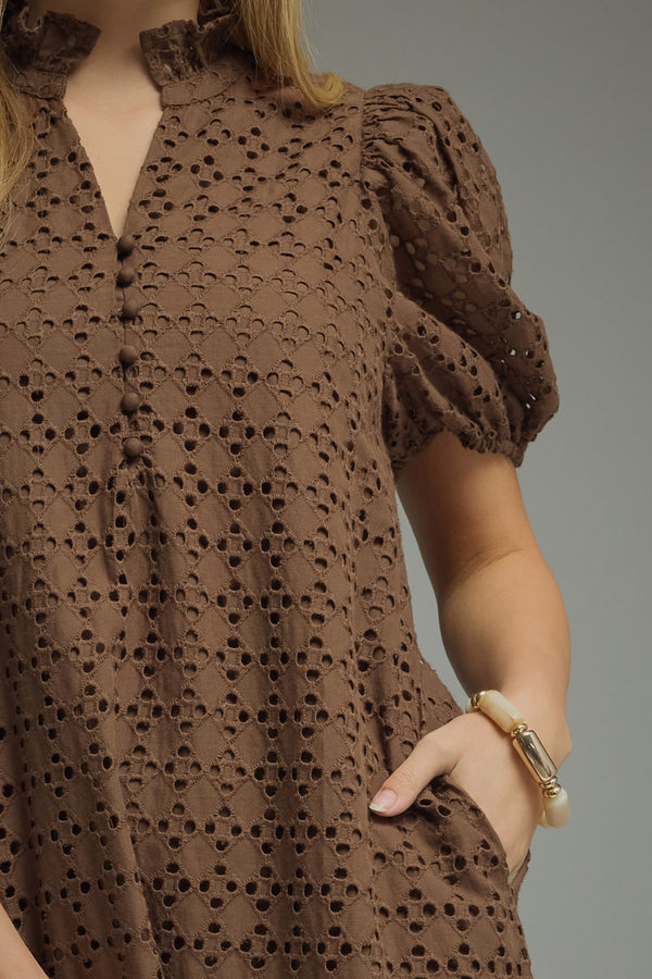 Eyelet Short Puff Sleeve Dress- Brown