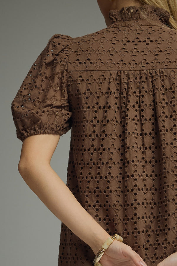 Eyelet Short Puff Sleeve Dress- Brown