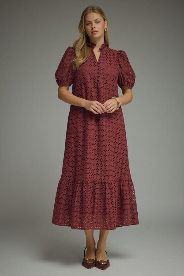 Eyelet Short Puff Sleeve Dress- Burgundy