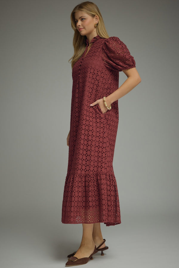 Eyelet Short Puff Sleeve Dress- Burgundy