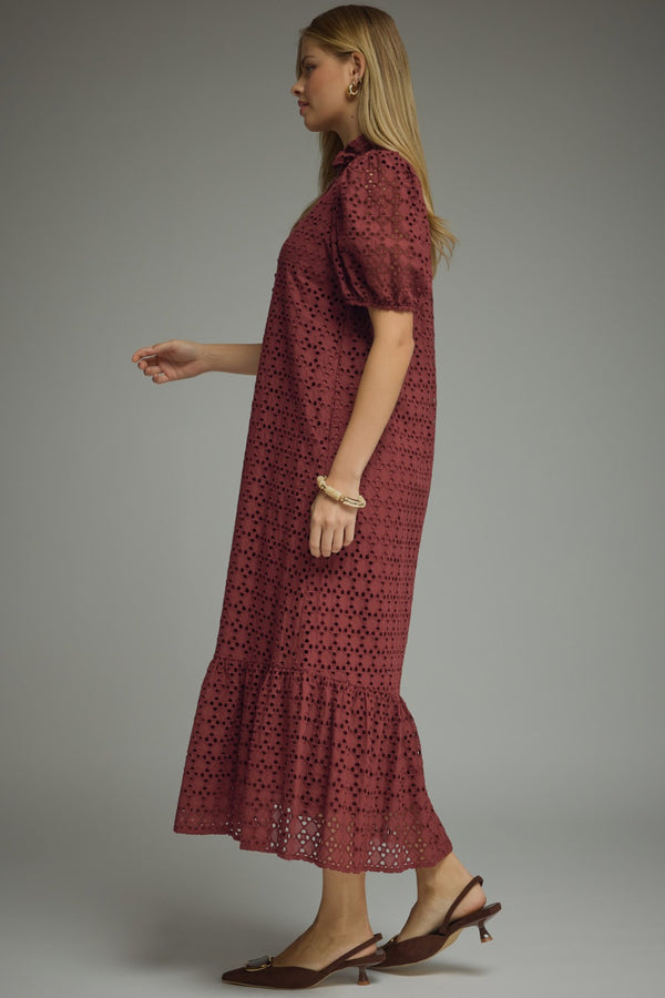 Eyelet Short Puff Sleeve Dress- Burgundy
