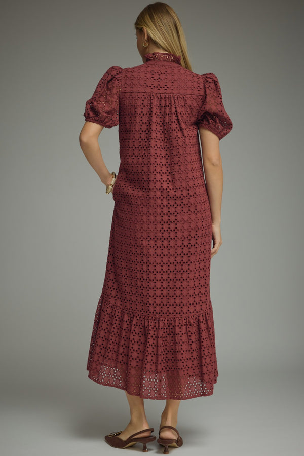 Eyelet Short Puff Sleeve Dress- Burgundy