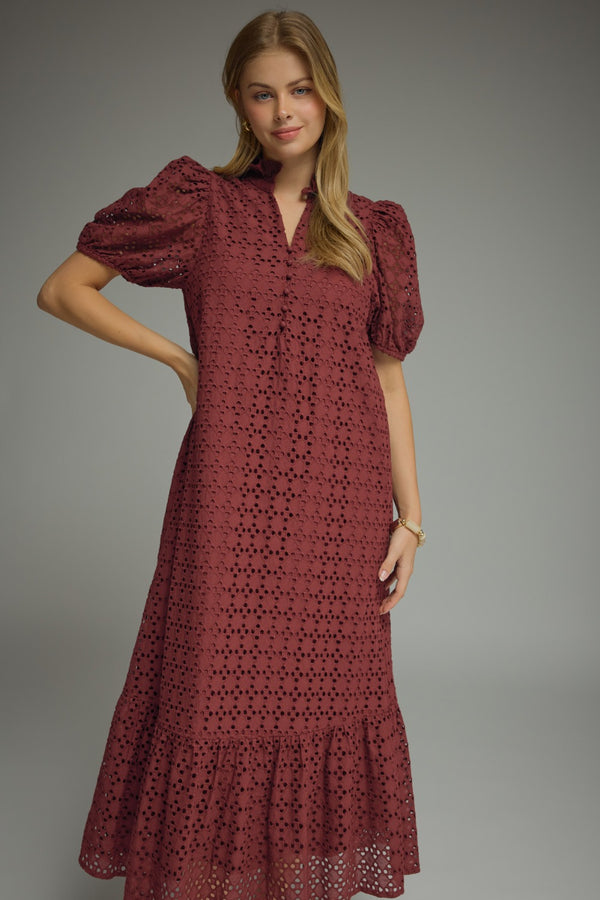 Eyelet Short Puff Sleeve Dress- Burgundy