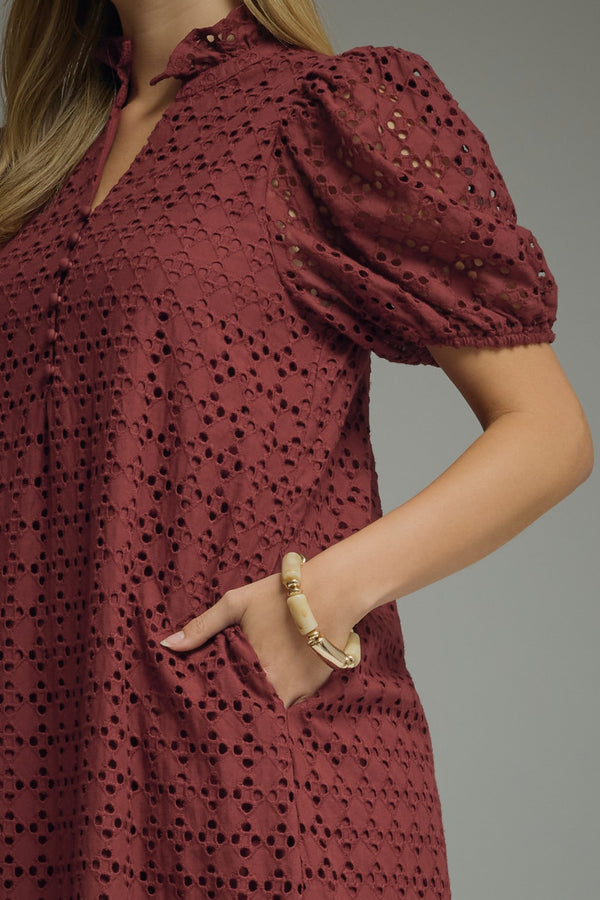 Eyelet Short Puff Sleeve Dress- Burgundy