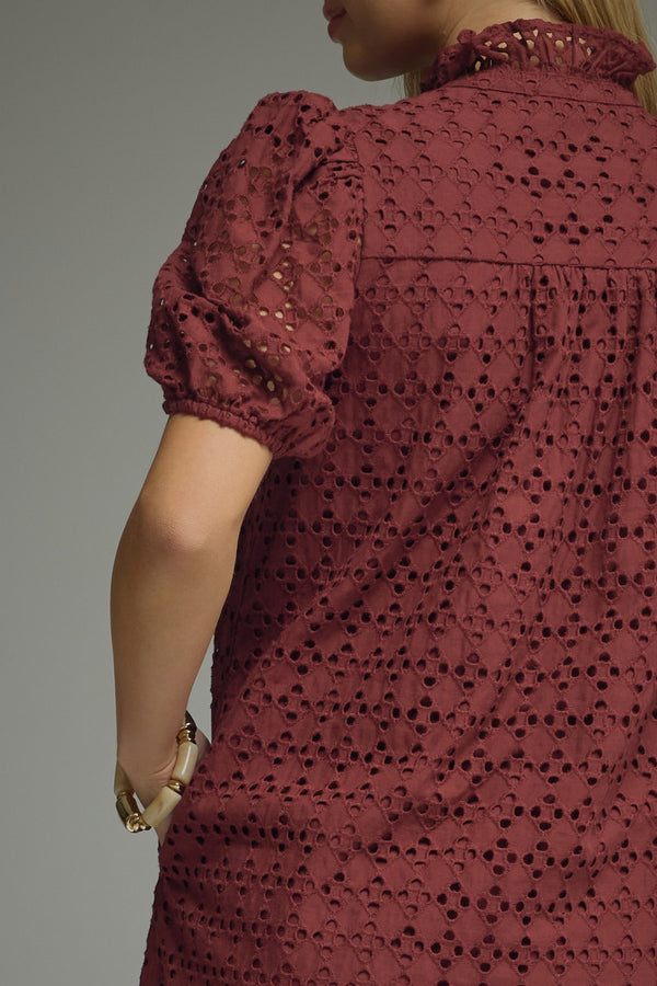 Eyelet Short Puff Sleeve Dress- Burgundy
