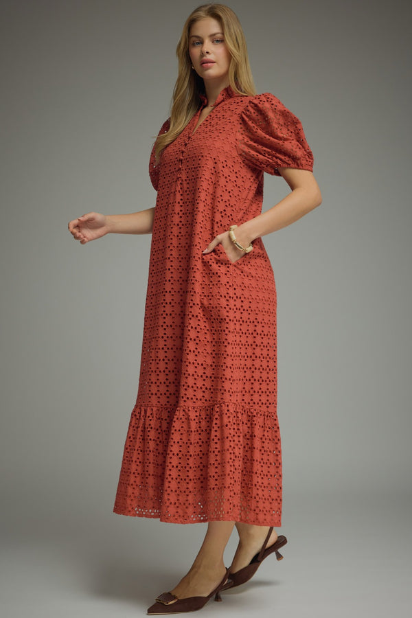 Eyelet Short Puff Sleeve Dress- Rust