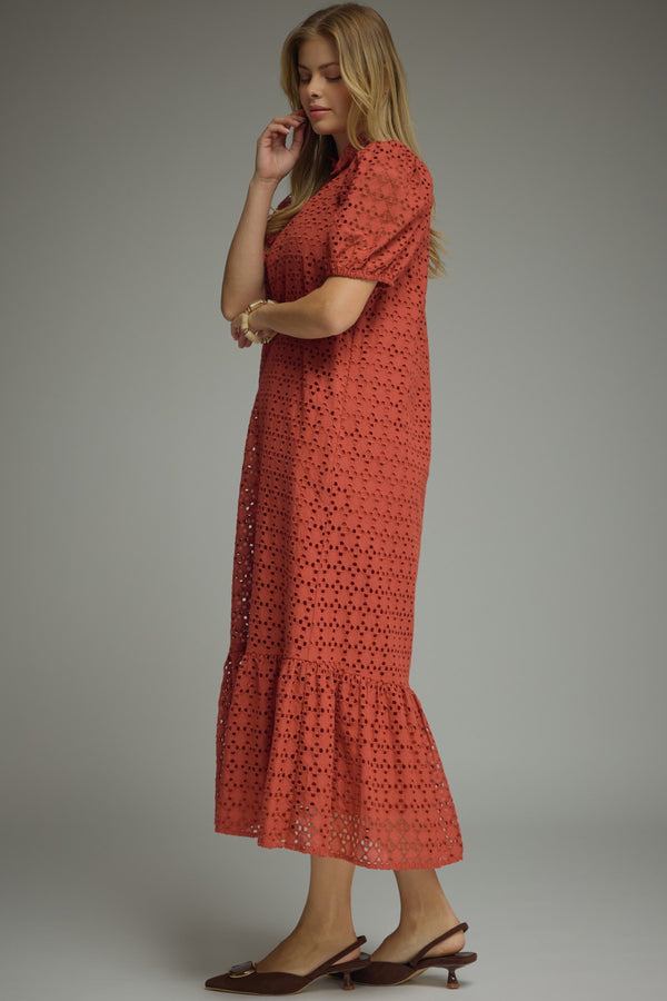 Eyelet Short Puff Sleeve Dress- Rust