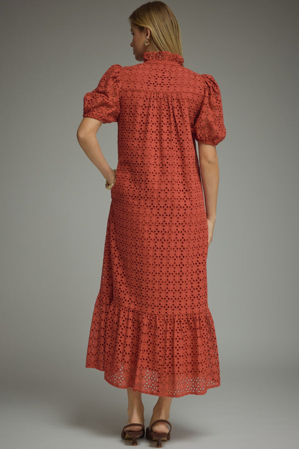 Eyelet Short Puff Sleeve Dress- Rust