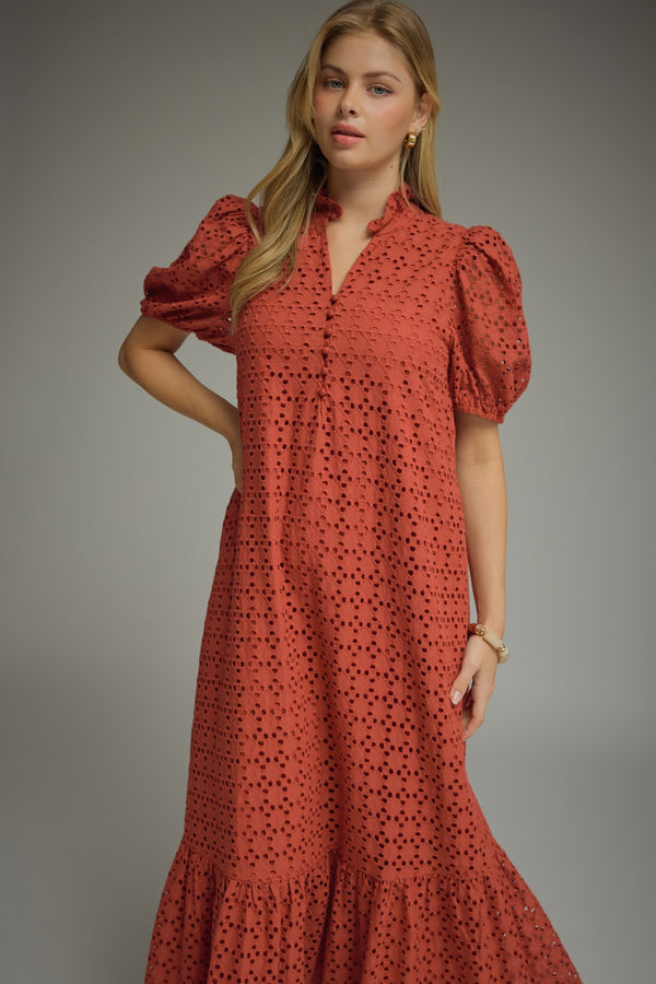Eyelet Short Puff Sleeve Dress- Rust
