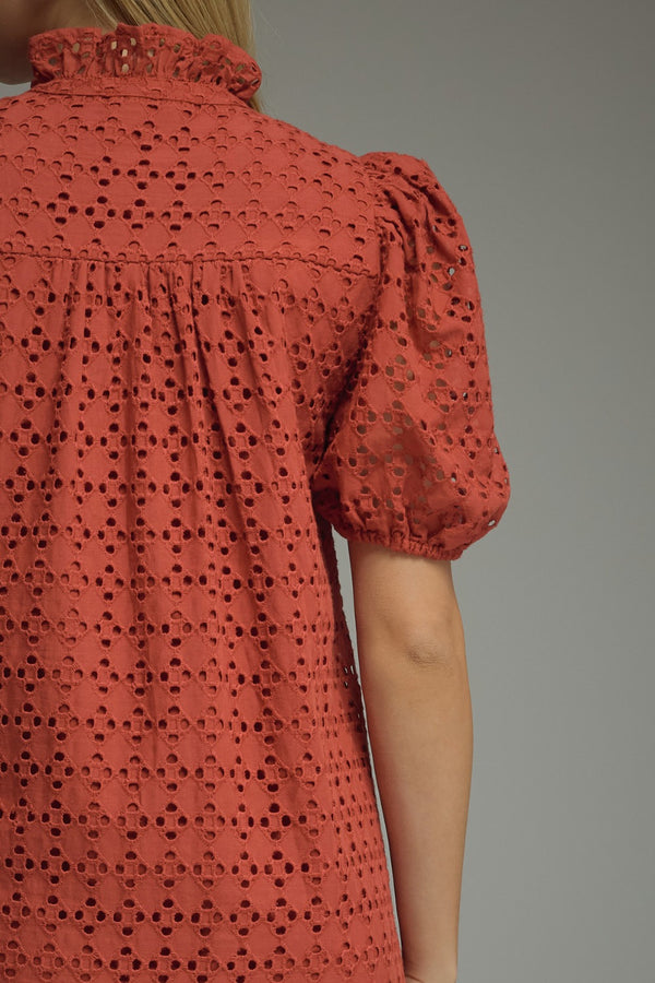 Eyelet Short Puff Sleeve Dress- Rust