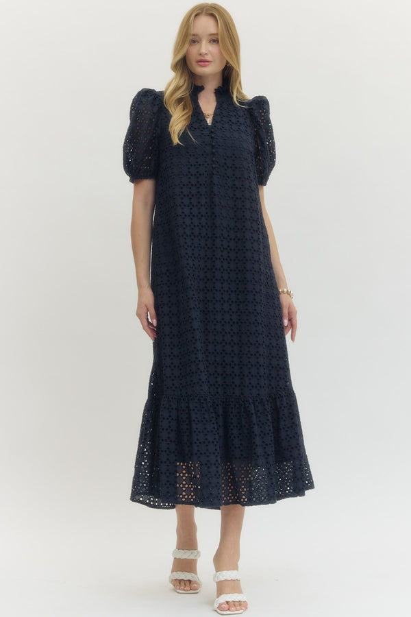 Eyelet Short Puff Sleeve Dress- Navy