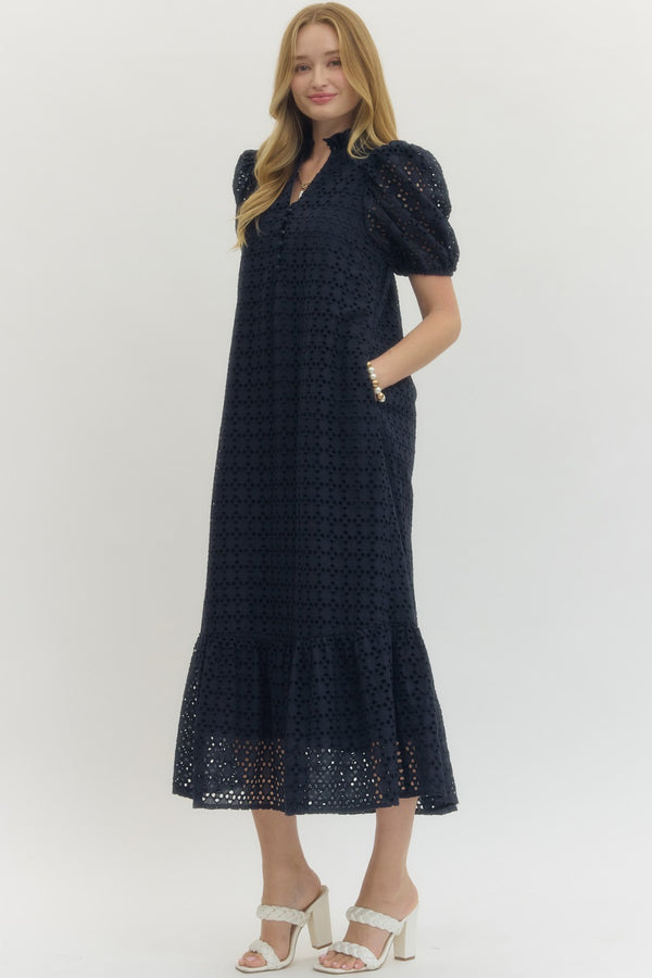 Eyelet Short Puff Sleeve Dress- Navy