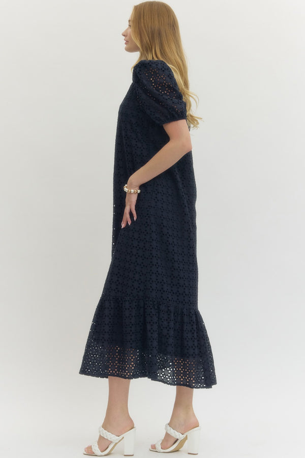 Eyelet Short Puff Sleeve Dress- Navy