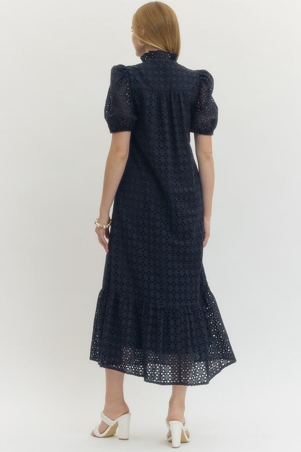 Eyelet Short Puff Sleeve Dress- Navy