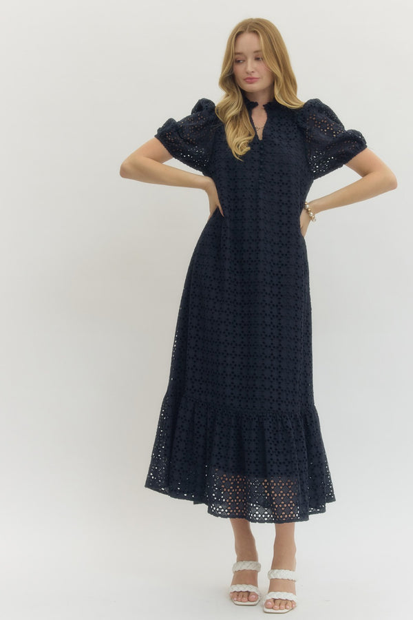 Eyelet Short Puff Sleeve Dress- Navy