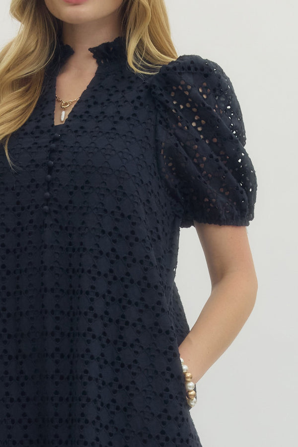 Eyelet Short Puff Sleeve Dress- Navy