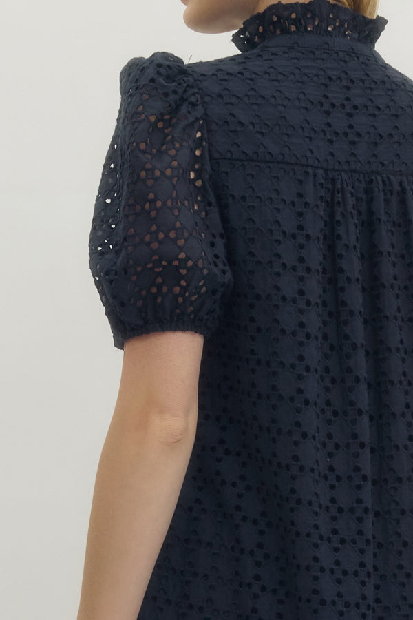 Eyelet Short Puff Sleeve Dress- Navy