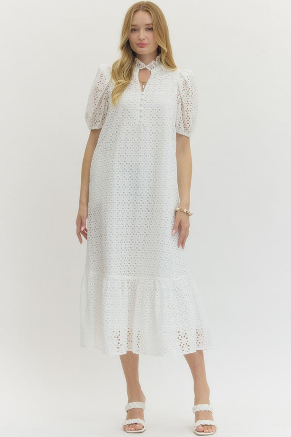 Eyelet Short Puff Sleeve Dress- White