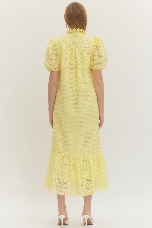 Eyelet Short Puff Sleeve Dress- Lemon