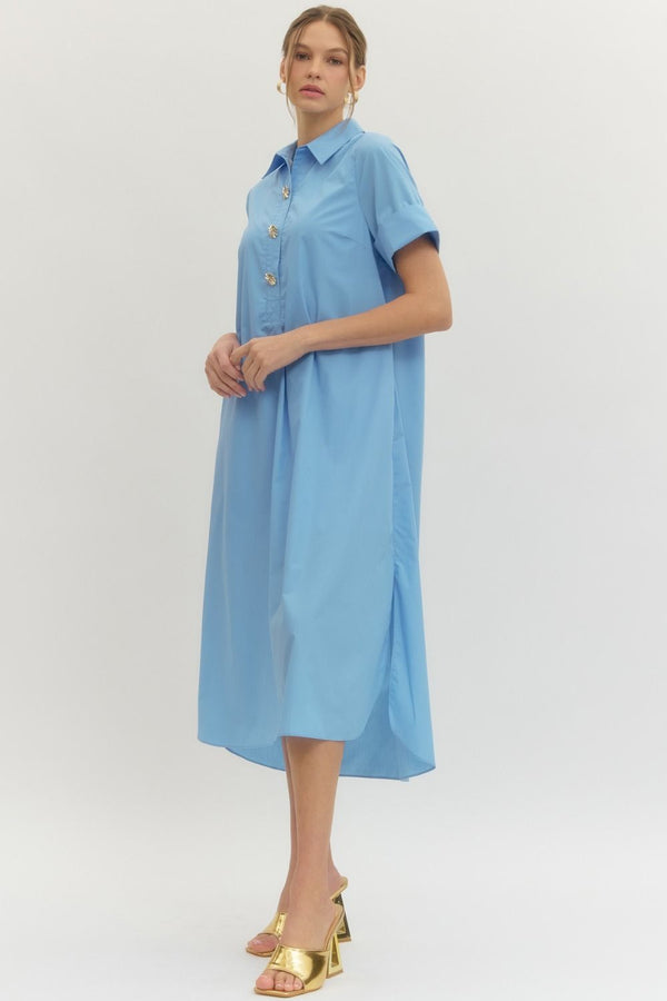 Solid Short Sleeve Collar Dress- Lt. Blue