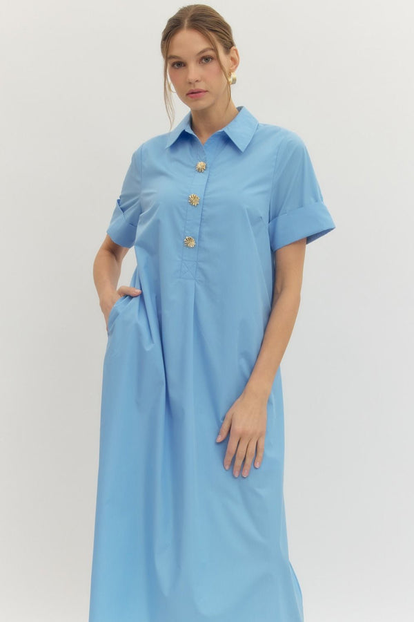 Solid Short Sleeve Collar Dress- Lt. Blue