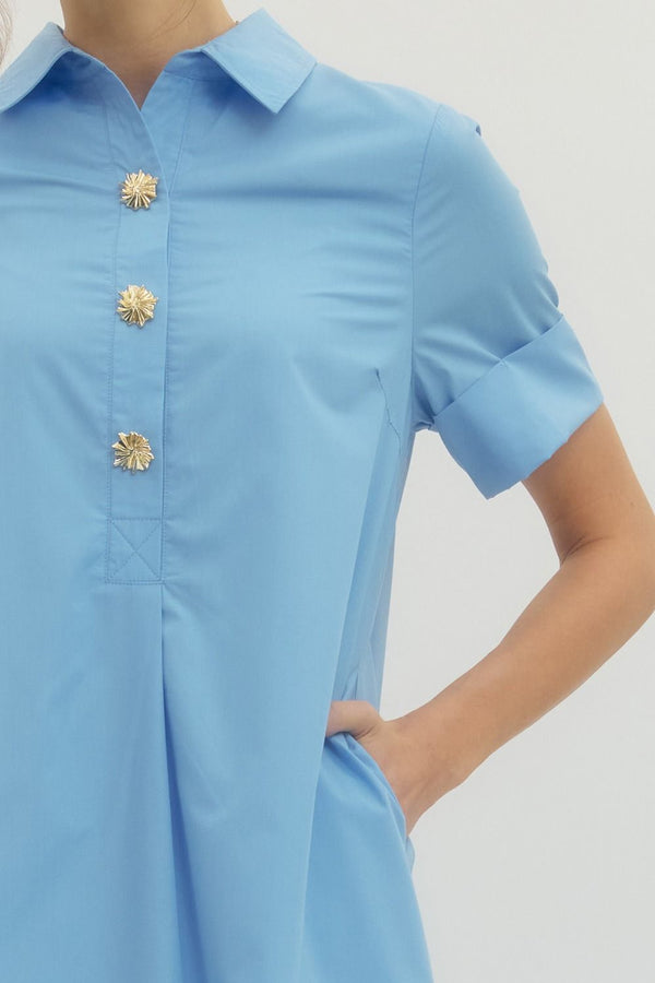 Solid Short Sleeve Collar Dress- Lt. Blue