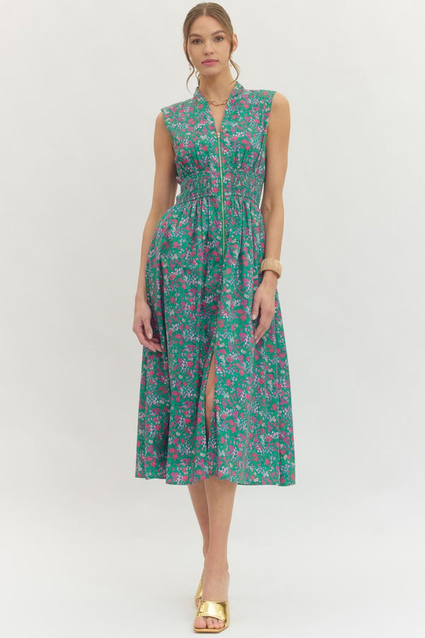 Floral Sleeveless Dress- Green