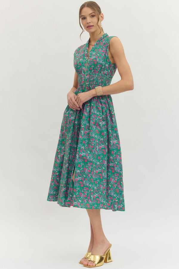 Floral Sleeveless Dress- Green