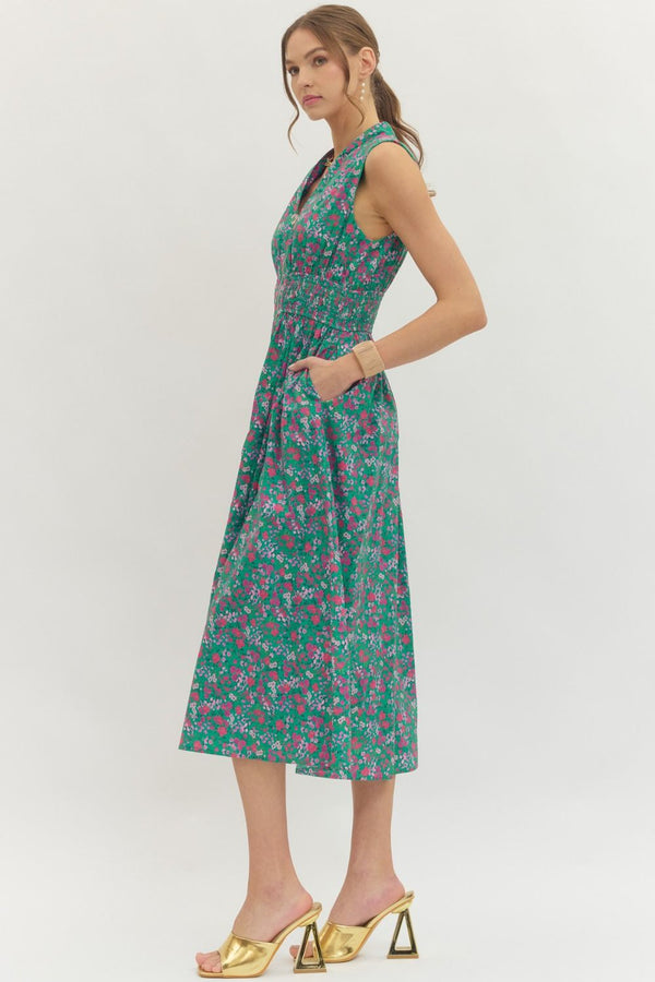 Floral Sleeveless Dress- Green