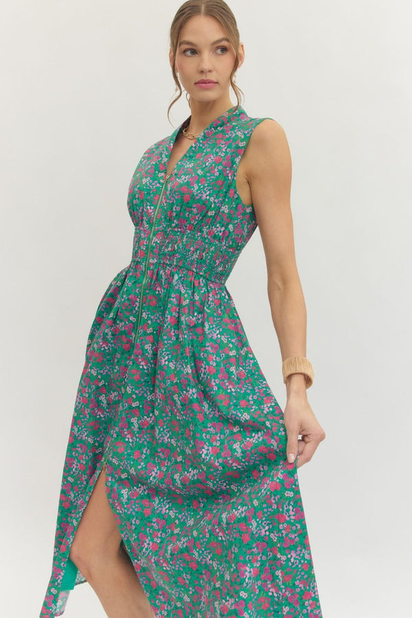 Floral Sleeveless Dress- Green