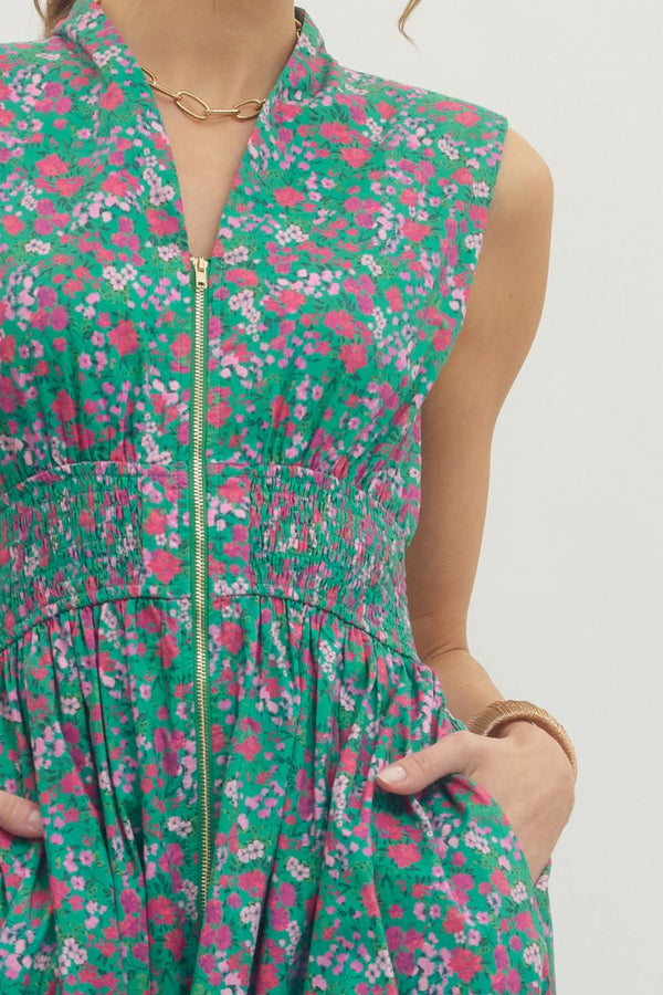 Floral Sleeveless Dress- Green