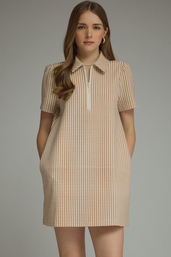 Gingham Print Puff Sleeve Dress- Camel