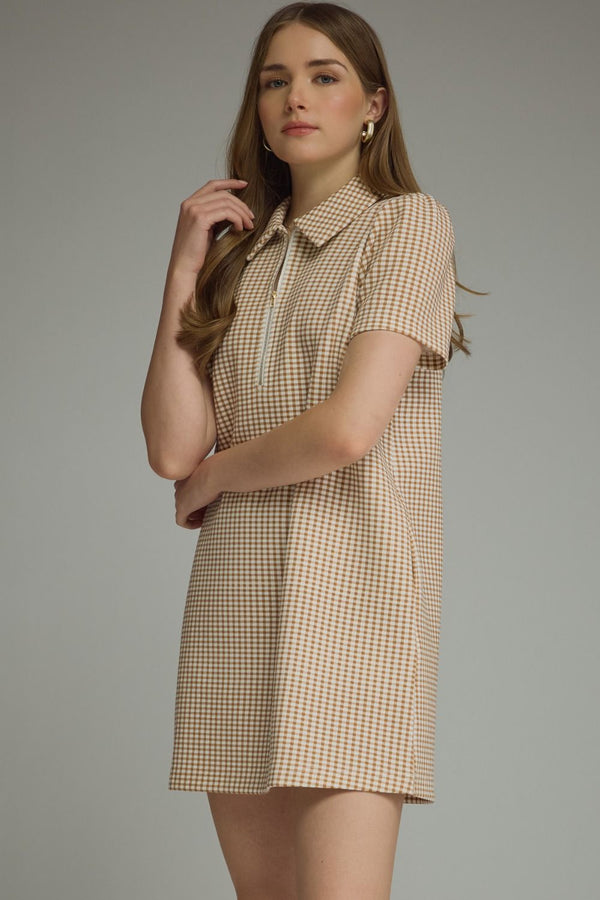 Gingham Print Puff Sleeve Dress- Camel