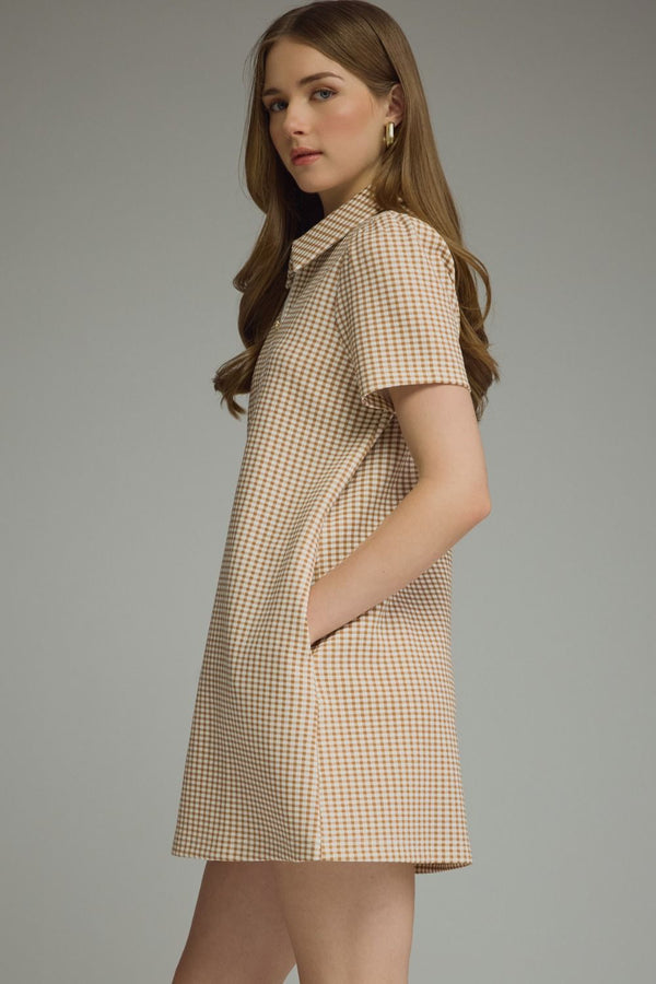 Gingham Print Puff Sleeve Dress- Camel