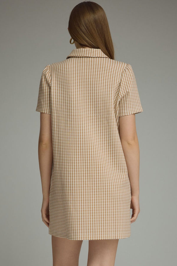 Gingham Print Puff Sleeve Dress- Camel